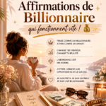 Une femme méditant avec des affirmations de richesse écrites à la main.