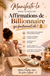 Une femme méditant avec des affirmations de richesse écrites à la main.