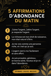 Femme méditant le matin, entourée de lumière, avec des affirmations positives écrites autour d'elle.