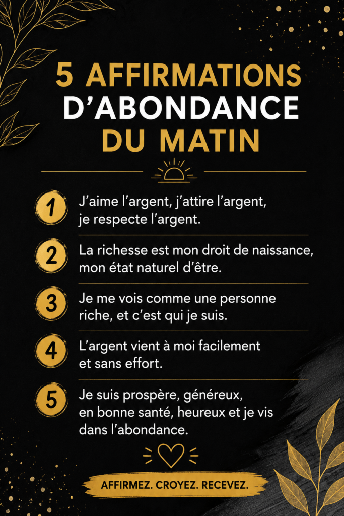 Femme méditant le matin, entourée de lumière, avec des affirmations positives écrites autour d'elle.