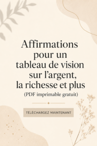 Une femme souriante devant son panneau de vision rempli d'affirmations pour attirer la richesse.