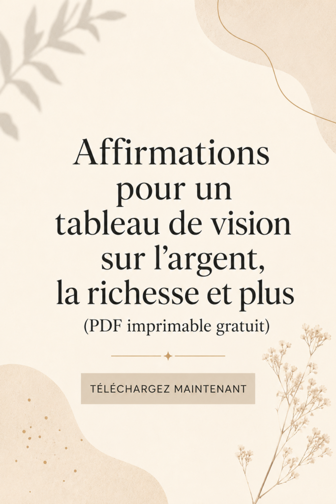 Une femme souriante devant son panneau de vision rempli d'affirmations pour attirer la richesse.