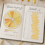 Un Bullet Journal ouvert avec des illustrations et des notes colorées, symbole de créativité et d'organisation.