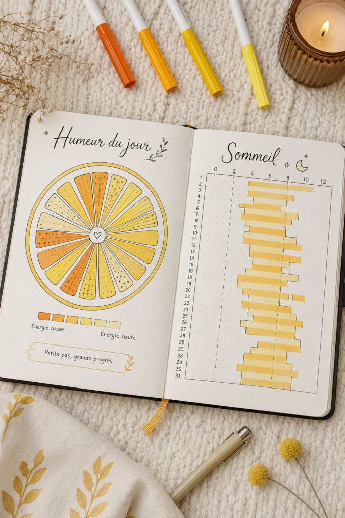 Un Bullet Journal ouvert avec des illustrations et des notes colorées, symbole de créativité et d'organisation.