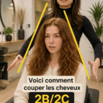 Femme coupant ses cheveux bouclés 2B/2C avec des ciseaux professionnels.