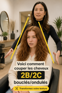 Femme coupant ses cheveux bouclés 2B/2C avec des ciseaux professionnels.