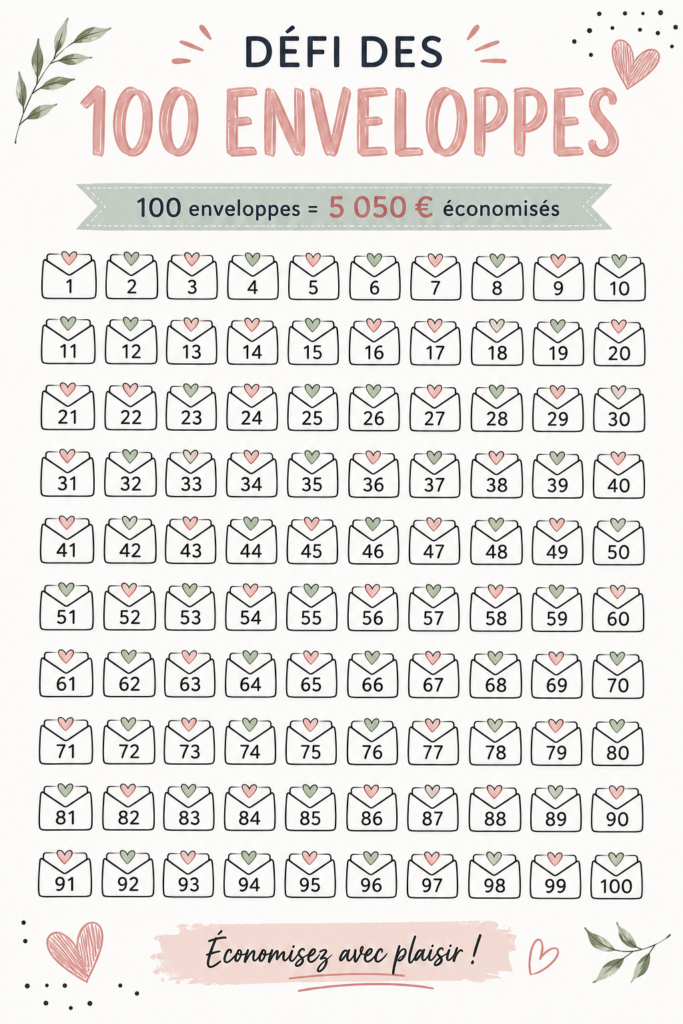 Illustration du défi des 100 enveloppes, avec des enveloppes colorées et une ambiance d'épargne ludique.