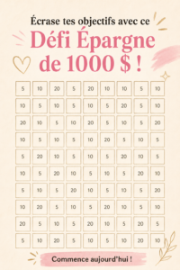 Illustration d'un carnet de dépenses pour un défi d'épargne de 1000€.