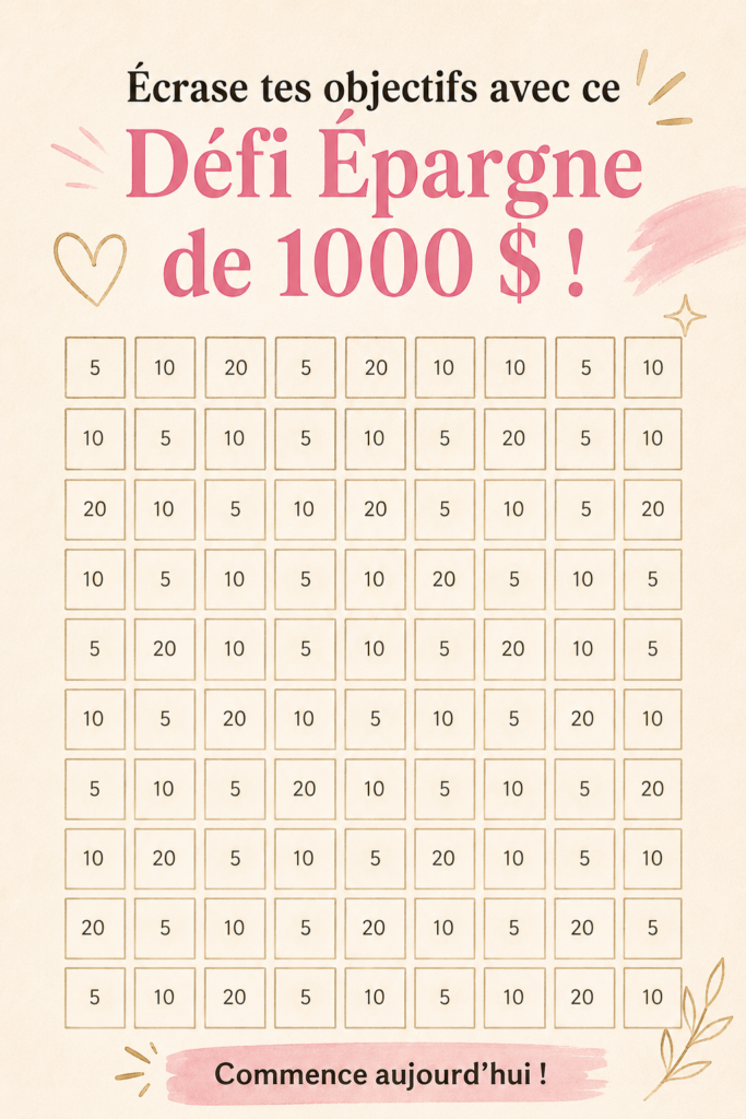 Illustration d'un carnet de dépenses pour un défi d'épargne de 1000€.