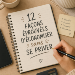 Une femme souriante feuillette un carnet rempli d'astuces pour économiser tout en profitant de la vie.