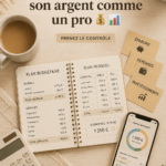 Femme organisant son budget sur une table avec un ordinateur et des papiers.
