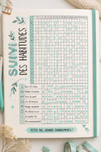 Un bullet journal ouvert avec un habit tracker coloré et inspirant.