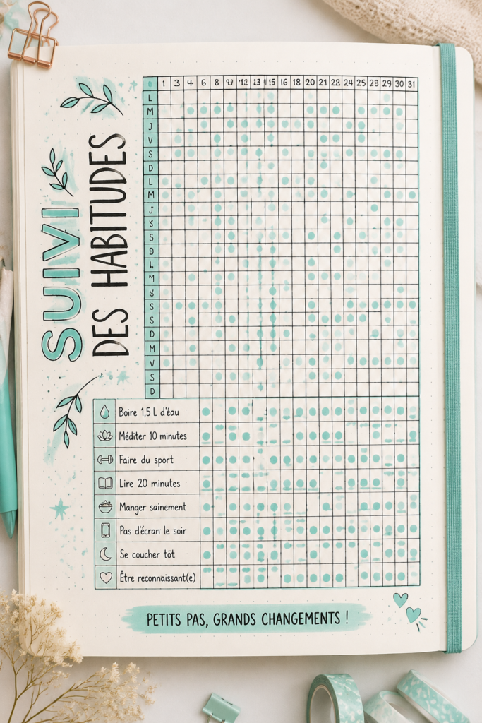Un bullet journal ouvert avec un habit tracker coloré et inspirant.