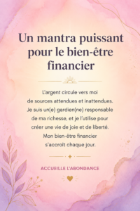 Un carnet ouvert avec un slogan inspirant sur le bien-être financier écrit dessus.