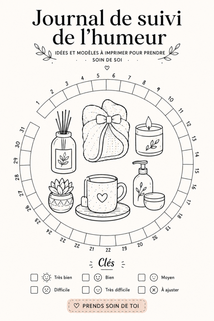 Exemple d'un mood tracker à imprimer pour suivre les humeurs et le bien-être.