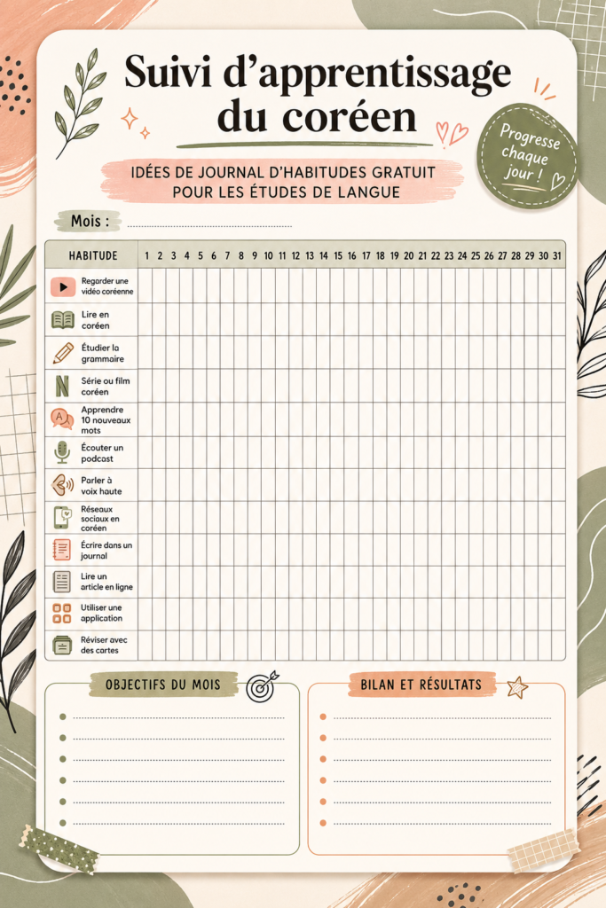 Un journal d'apprentissage du coréen ouvert sur un bureau, avec des notes et un stylo.