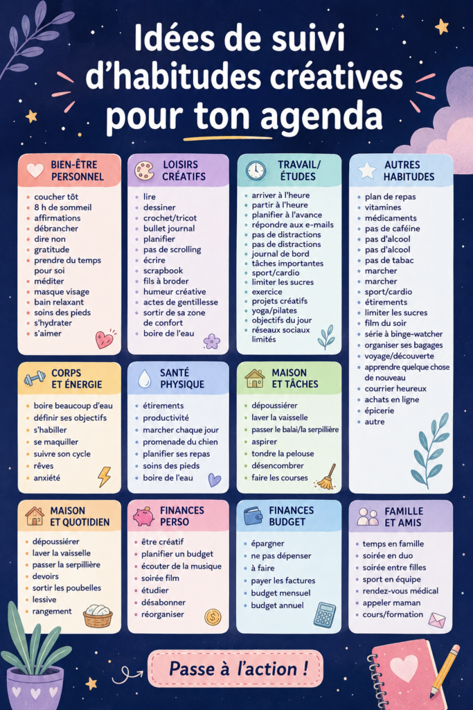 Un planner ouvert avec des exemples de trackers d'habitudes créatifs.