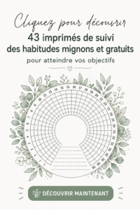 Modèles colorés de trackers d'habitudes gratuits disposés sur une table en bois.