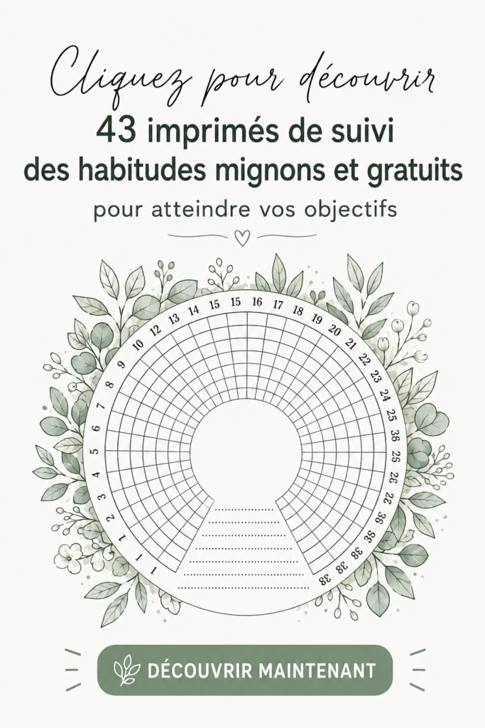 Modèles colorés de trackers d'habitudes gratuits disposés sur une table en bois.