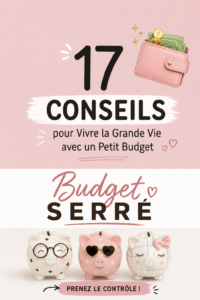 Femme souriante tenant un carnet de budget, heureuse de vivre avec un petit budget.
