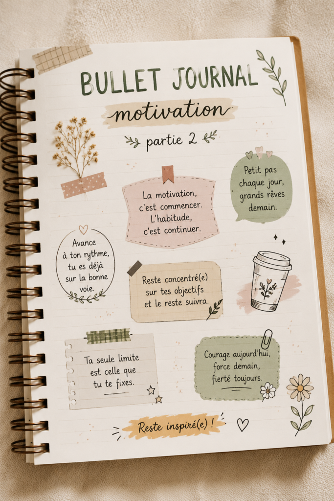 Bullet journal ouvert avec des pages colorées et des notes inspirantes