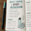 Mises en page créatives d'un bullet journal sportif avec des illustrations et des tableaux.