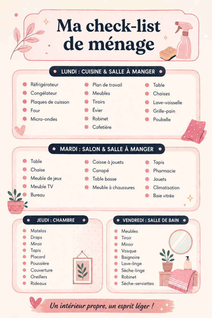 Check-list de ménage sur un bureau en bois, avec des crayons et des notes.