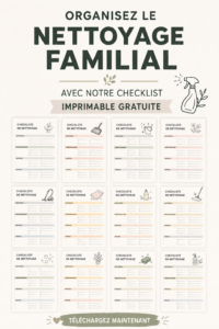 Une checklist imprimable sur une table préparée pour le nettoyage familial