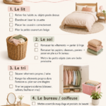 Une checklist de rangement posée sur une table avec quelques objets organisés autour.