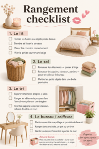 Une checklist de rangement posée sur une table avec quelques objets organisés autour.