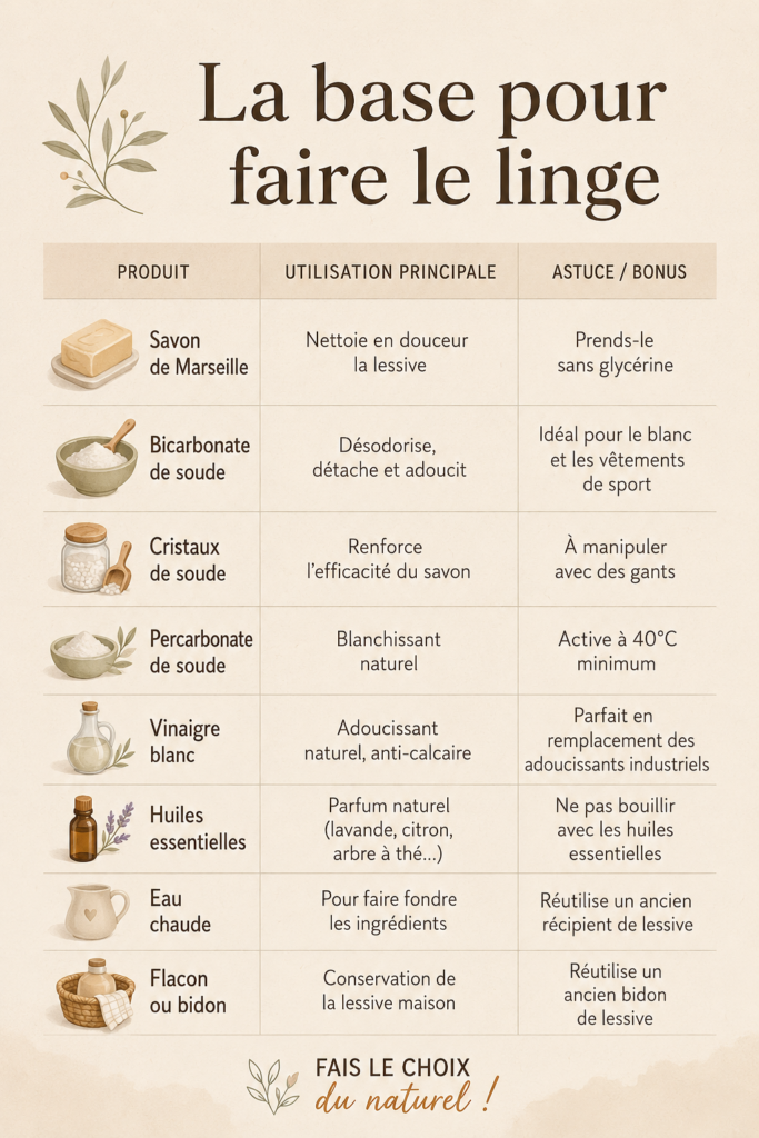 Illustration d'un panier de linge propre et frais entouré de produits d'entretien
