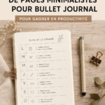 Un Bullet Journal minimaliste ouvert avec des notes et des illustrations simples.