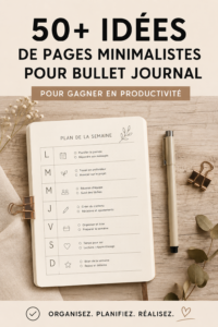 Un Bullet Journal minimaliste ouvert avec des notes et des illustrations simples.