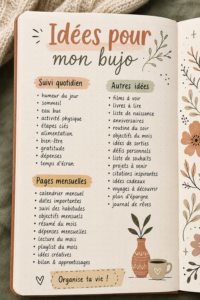 Page de Bujo colorée avec illustrations et notes.