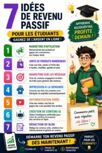 Un étudiant travaillant sur son ordinateur avec des graphiques de revenus passifs en arrière-plan.
