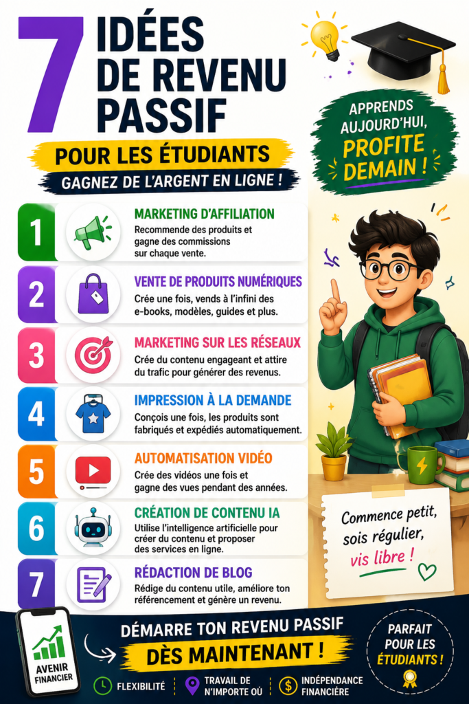 Un étudiant travaillant sur son ordinateur avec des graphiques de revenus passifs en arrière-plan.