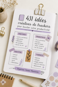 Un Bullet Journal ouvert avec des trackers colorés et organisés, représentant la créativité et l'organisation.