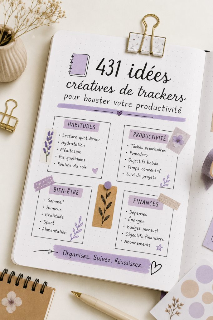 Un Bullet Journal ouvert avec des trackers colorés et organisés, représentant la créativité et l'organisation.