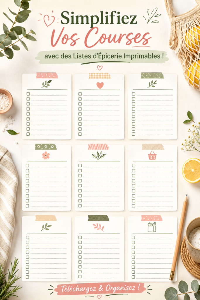 Modèle de liste d'épicerie imprimable sur un fond de cuisine