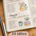Mise en page colorée et créative d'un Bullet Journal sur une table en bois.