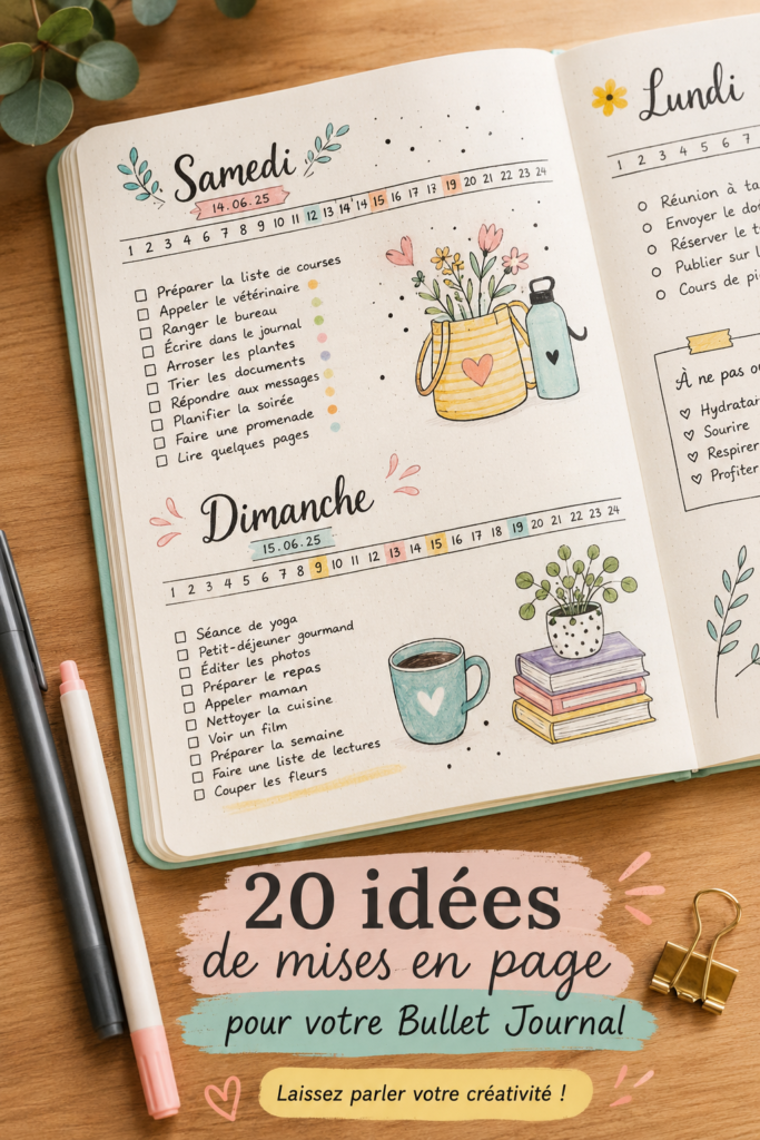 Mise en page colorée et créative d'un Bullet Journal sur une table en bois.