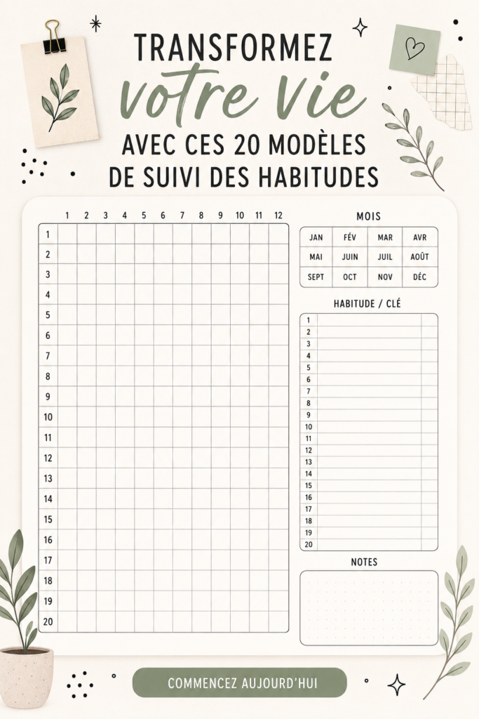 Modèles de suivi d'habitudes sur une table en bois avec des accessoires d'écriture