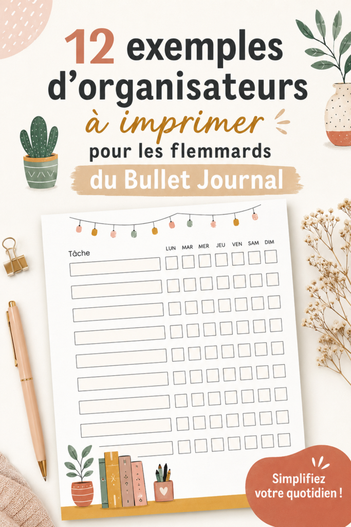 Exemples de modèles d'organisateurs Bullet Journal à imprimer sur un fond coloré.