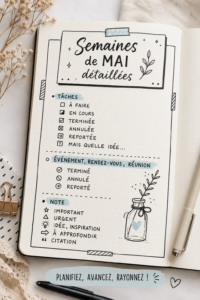 Bullet Journal ouvert avec des pages colorées pour le mois de mai
