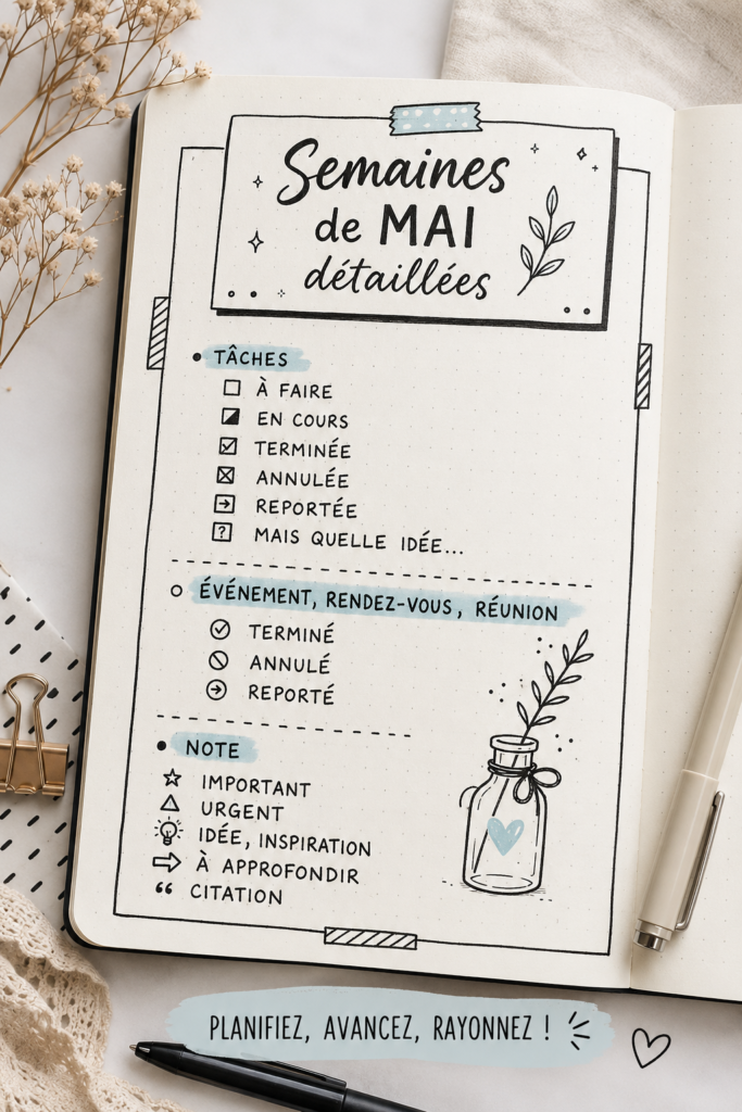 Bullet Journal ouvert avec des pages colorées pour le mois de mai