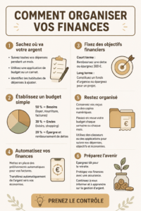 Femme examinant des documents financiers avec un sourire, une tasse de thé à côté d'elle.