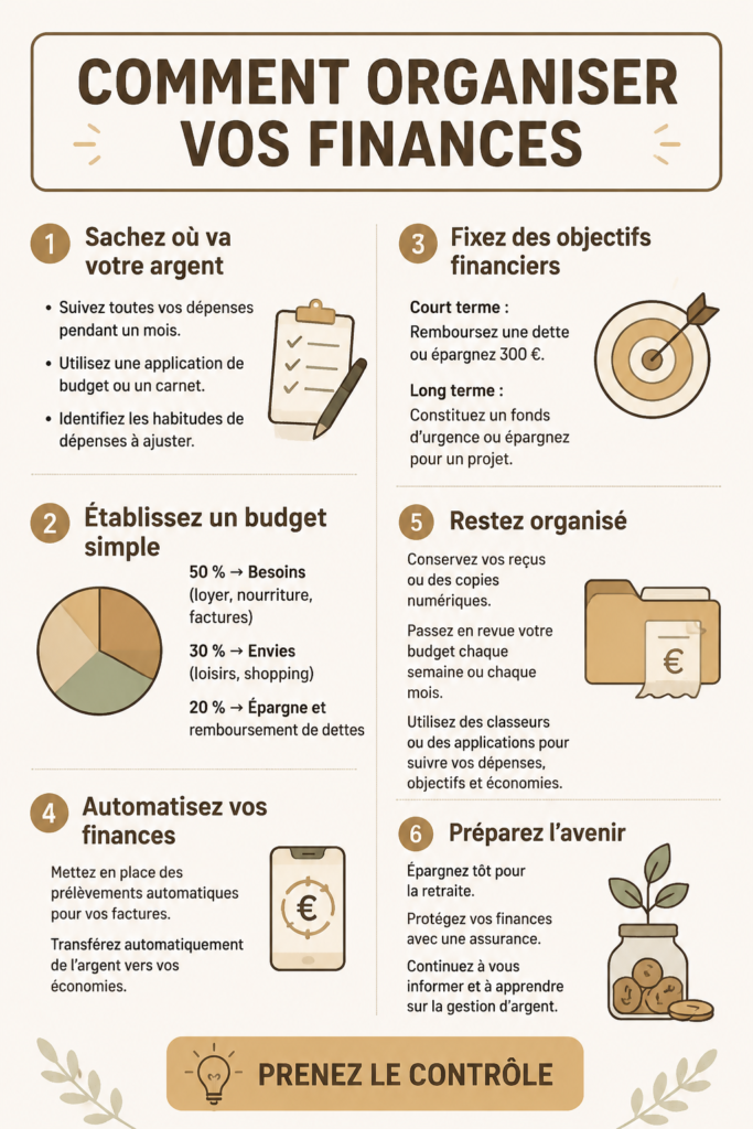 Femme examinant des documents financiers avec un sourire, une tasse de thé à côté d'elle.