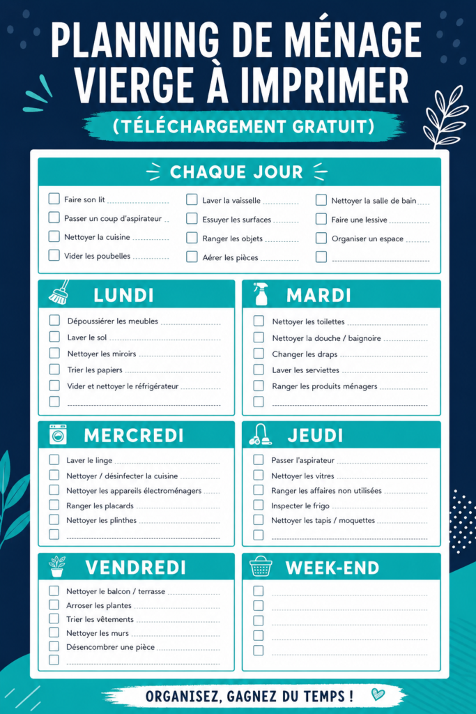Planning de ménage vierge à imprimer, design simple et fonctionnel.
