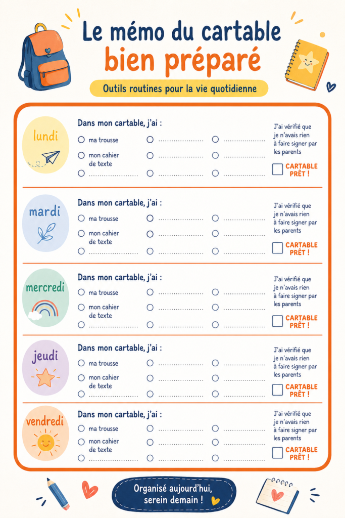 Un cartable scolaire bien organisé avec des fournitures colorées sur un bureau.