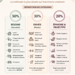 Personnes discutant d'un budget de manière conviviale avec des graphiques en arrière-plan.